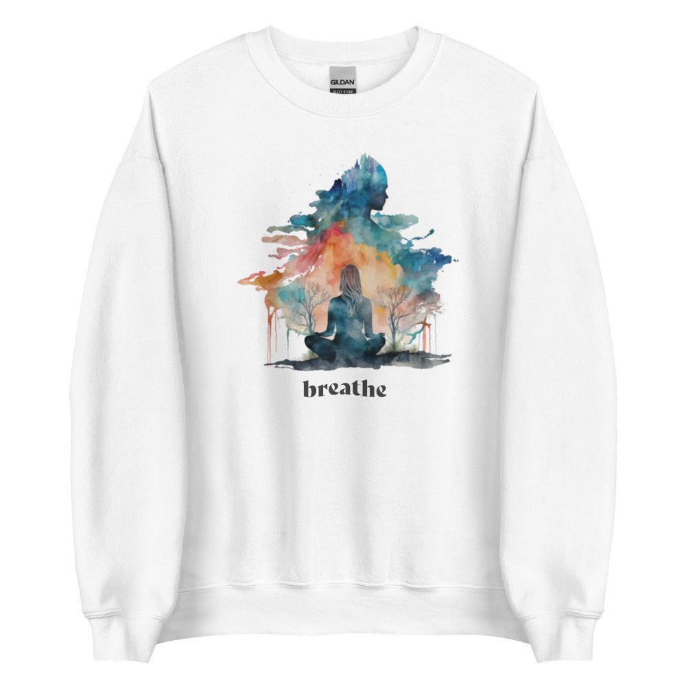Breathe Yoga Meditation Sweatshirt - Watercolor Clouds - White Color