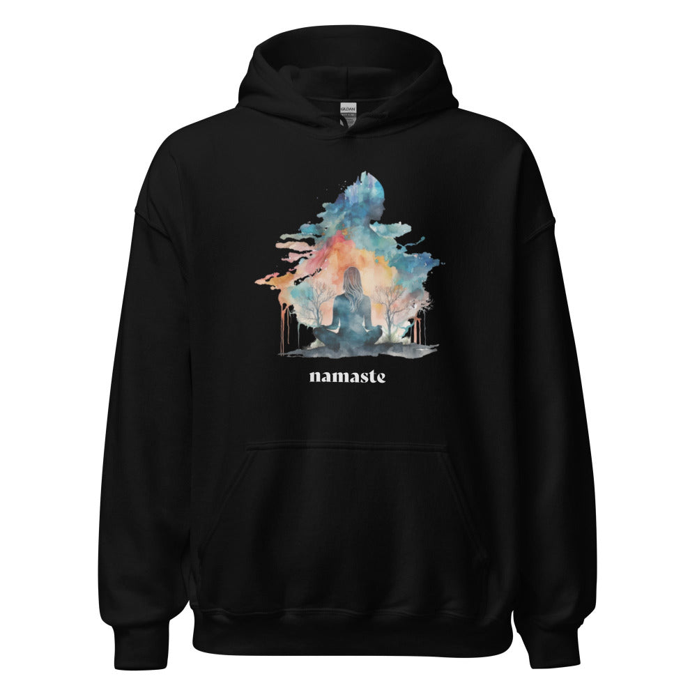 Namaste Yoga Meditation Hoodie - Watercolor Clouds - Black Color - https://ascensionemporium.net