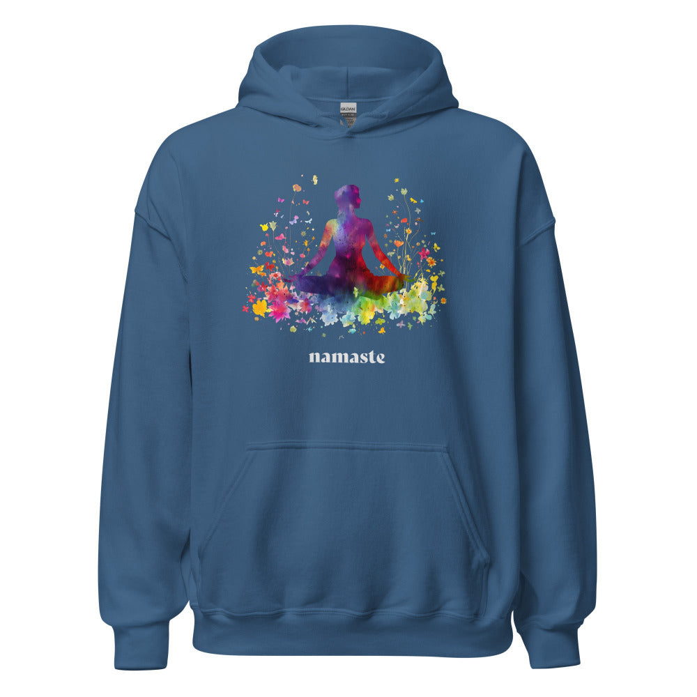 Namaste Yoga Meditation Hoodie - Rainbow Garden - Indigo Blue Color - https://ascensionemporium.net