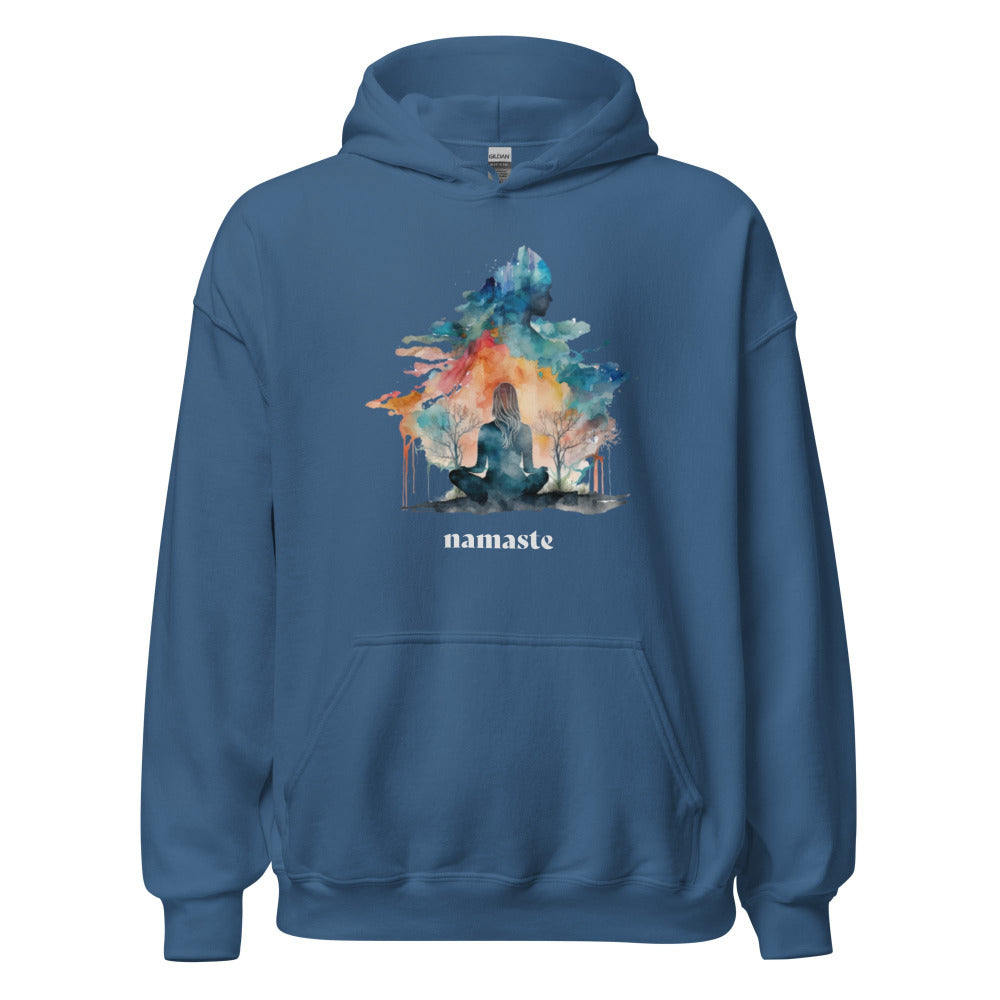 Namaste Yoga Meditation Hoodie - Watercolor Clouds - Indigo Blue Color - https://ascensionemporium.net