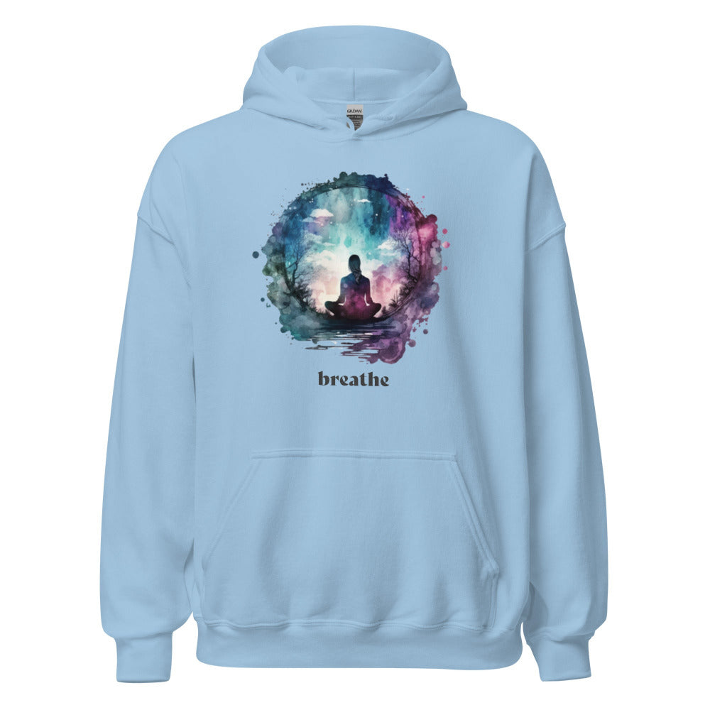 Breathe Yoga Meditation Hoodie - Watercolor Sphere - Light Blue Color