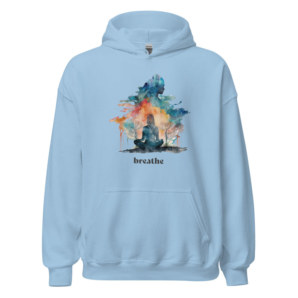 Breathe Yoga Meditation Hoodie - Watercolor Clouds - Light Blue Color