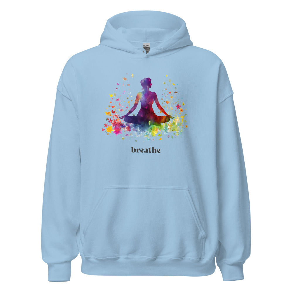 Breathe Yoga Meditation Hoodie - Rainbow Garden - Light Blue Color