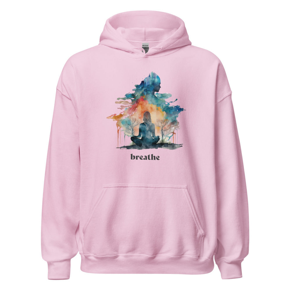 Breathe Yoga Meditation Hoodie - Watercolor Clouds - Light Pink Color