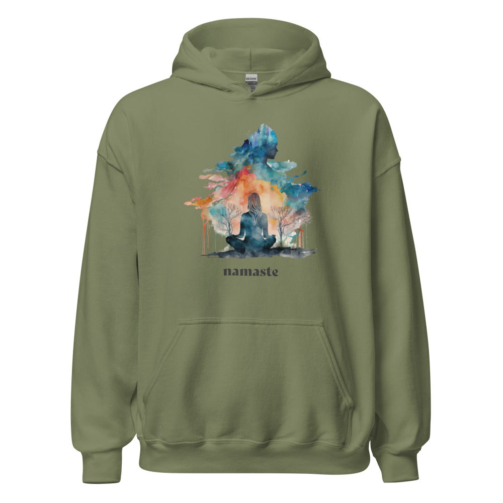 Namaste Yoga Meditation Hoodie - Watercolor Clouds - Military Green Color