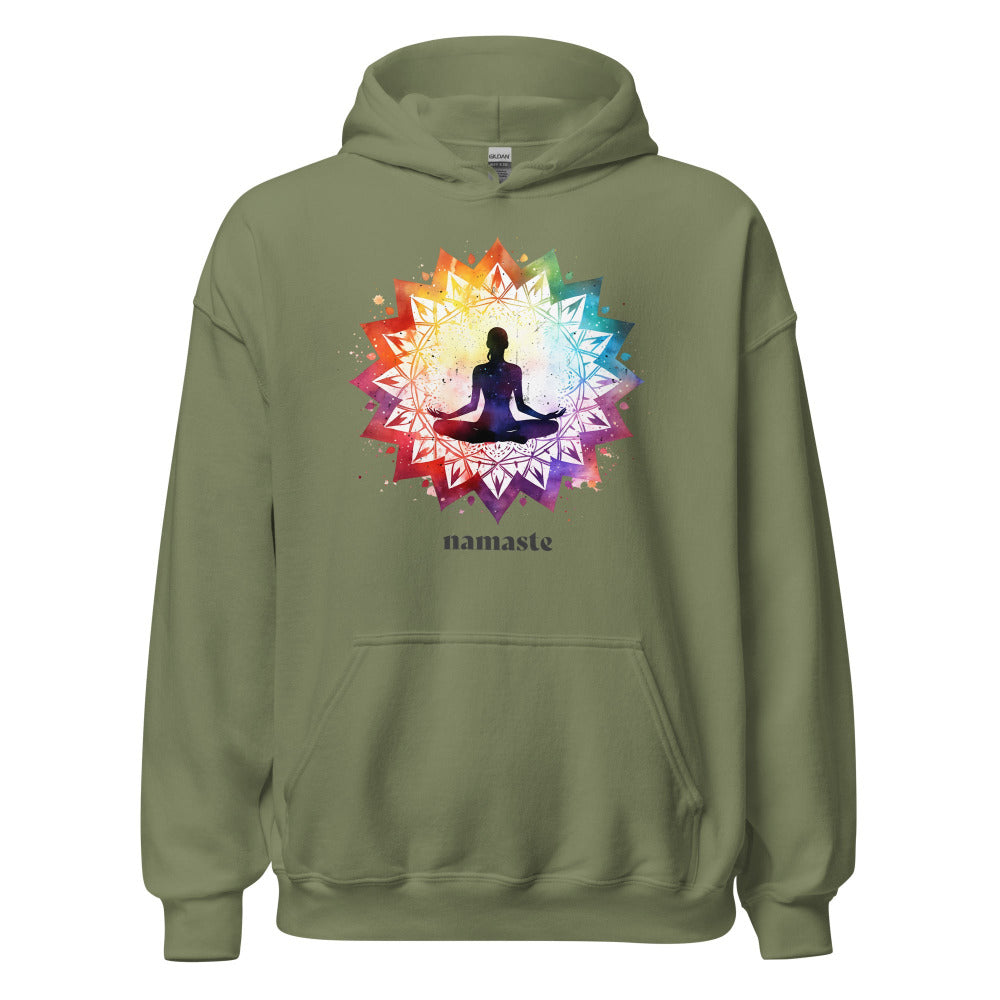 Namaste Yoga Meditation Hoodie - Lotus Chakra Mandala - Military Green Color