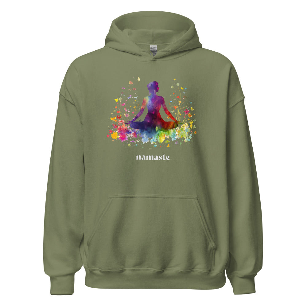 Namaste Yoga Meditation Hoodie - Rainbow Garden - Military Green Color - https://ascensionemporium.net