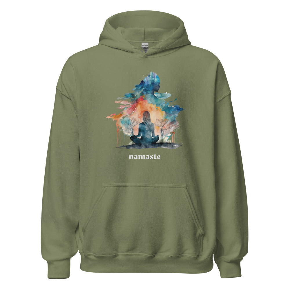 Namaste Yoga Meditation Hoodie - Watercolor Clouds - Military Green Color - https://ascensionemporium.net