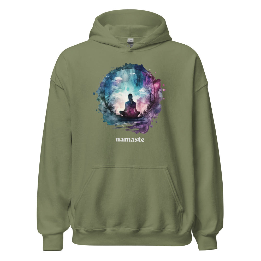 Namaste Yoga Meditation Hoodie - Watercolor Sphere - Military Green Color - https://ascensionemporium.net