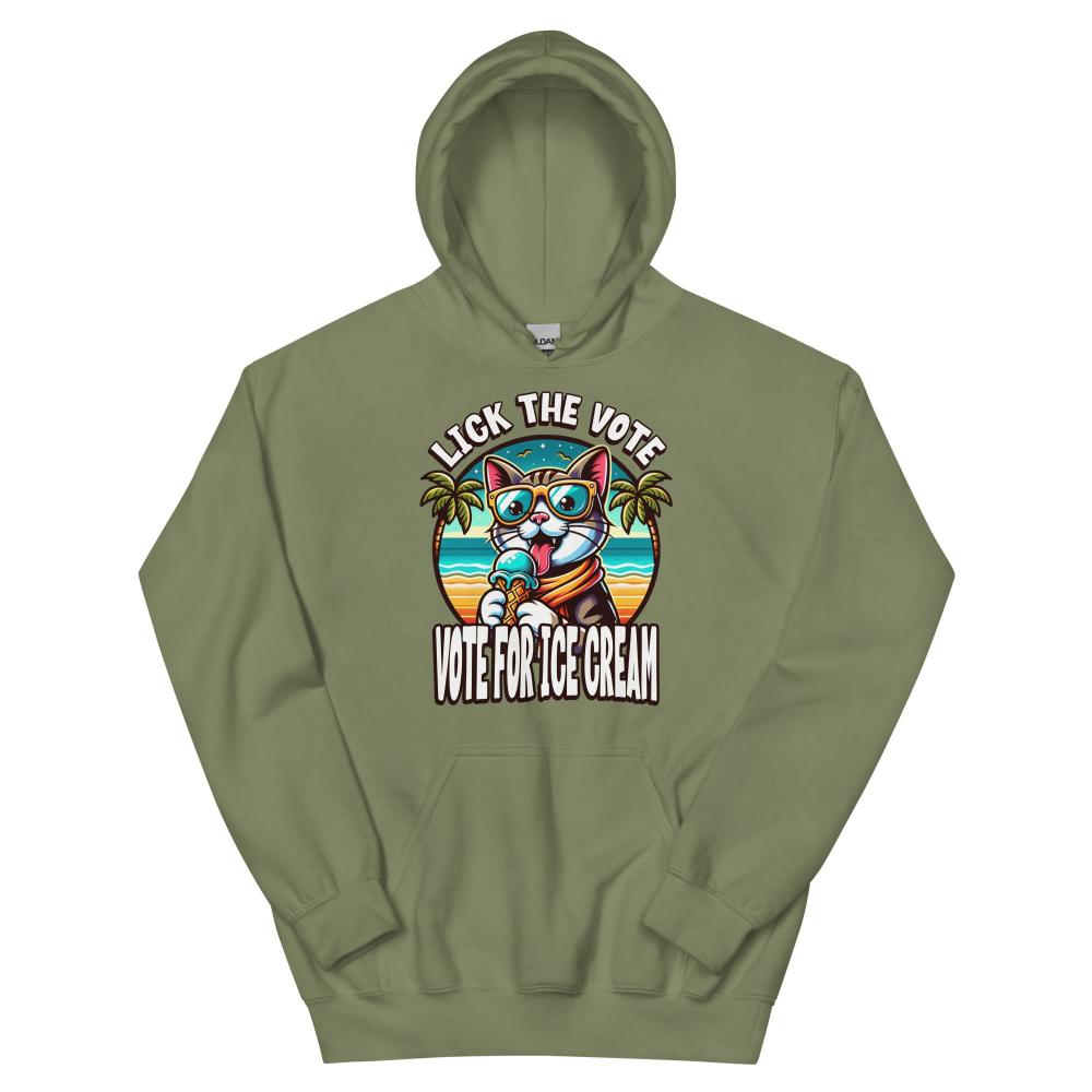 Lick The Vote Ice Cream Cat Hoodie - Military Green Color - https://ascensionemporium.net