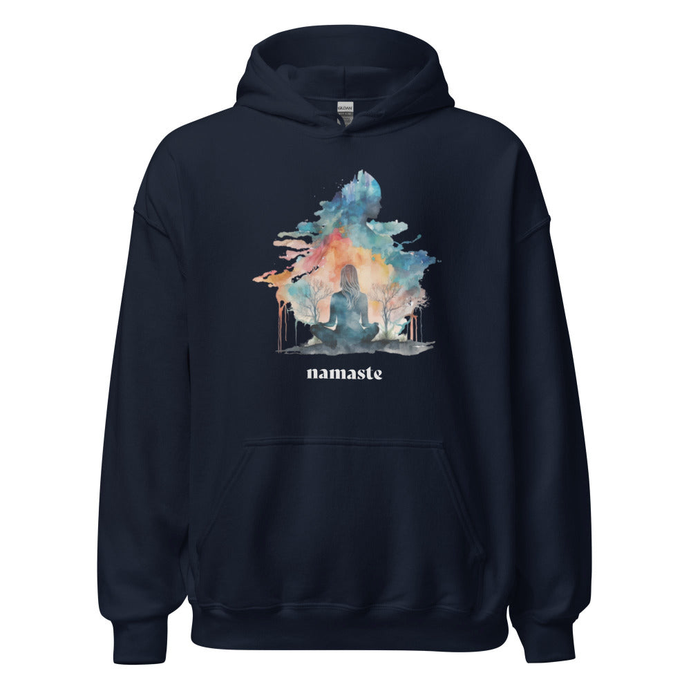 Namaste Yoga Meditation Hoodie - Watercolor Clouds - Navy Color - https://ascensionemporium.net