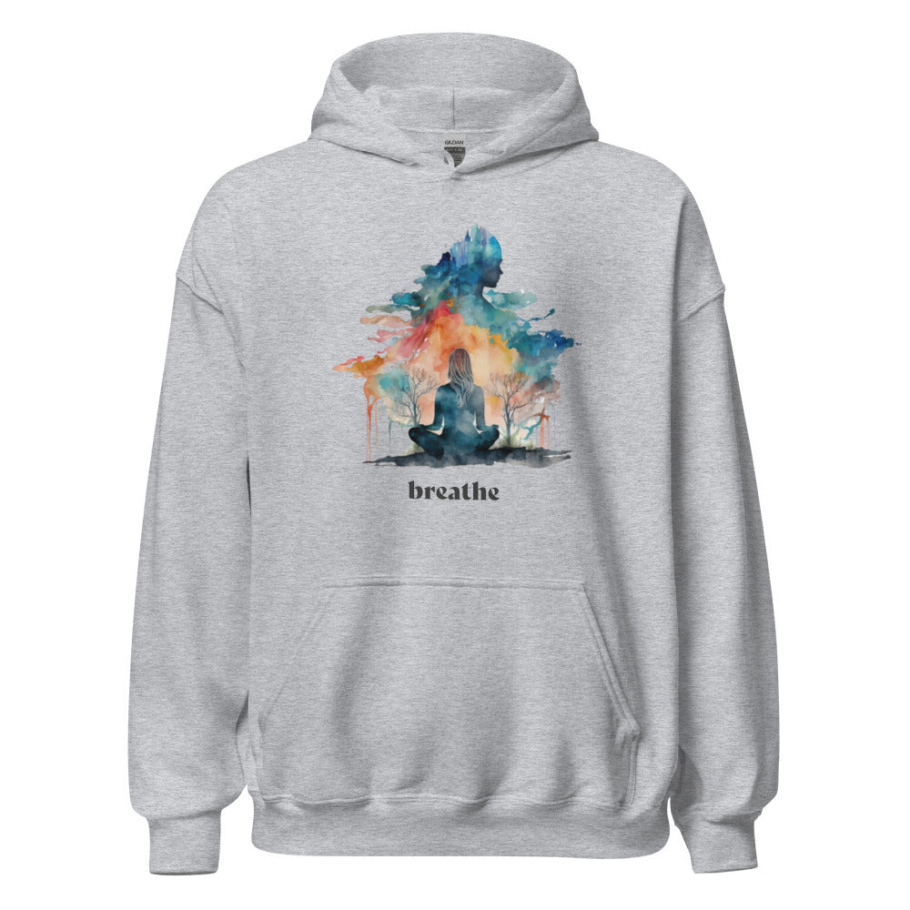 Breathe Yoga Meditation Hoodie - Watercolor Clouds - Sport Grey Color