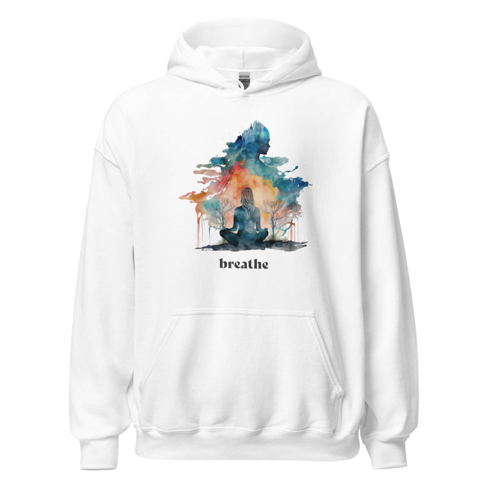 Breathe Yoga Meditation Hoodie - Watercolor Clouds - White Color