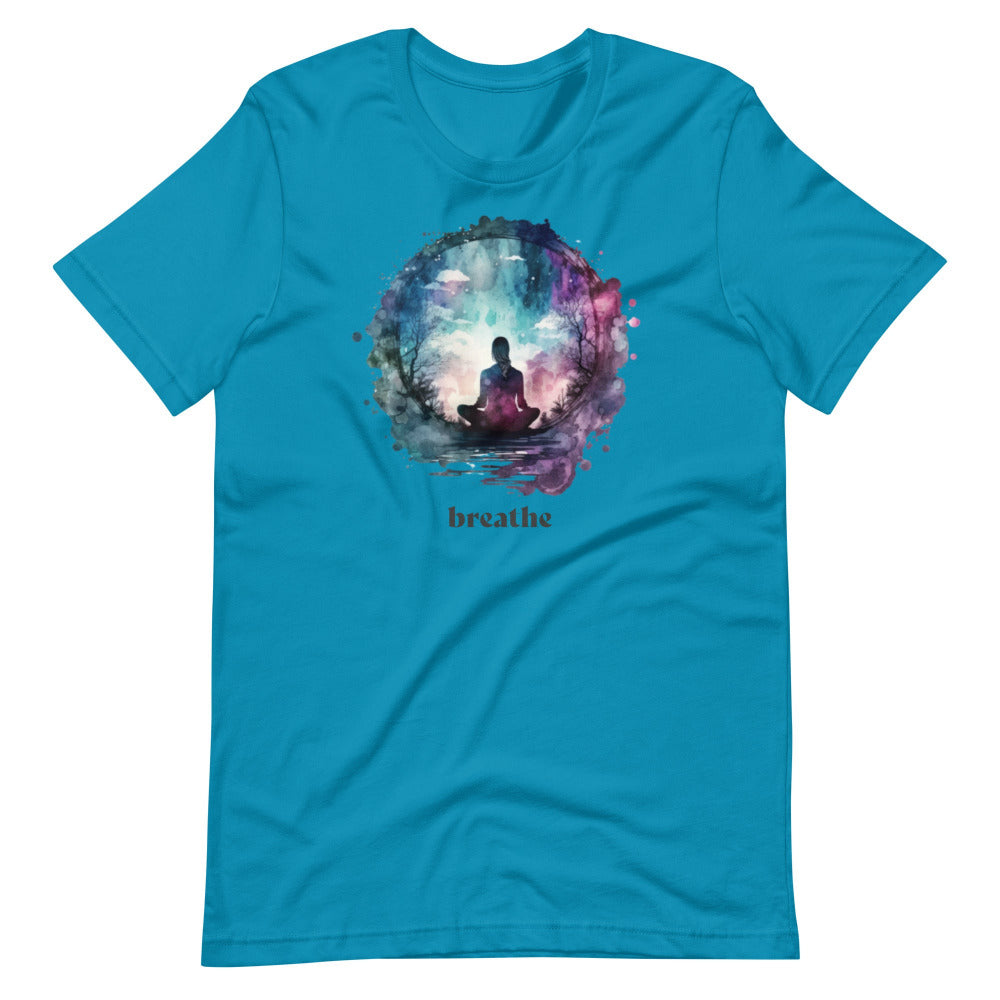 Breathe Yoga Meditation T-Shirt - Watercolor Sphere - Aqua Color