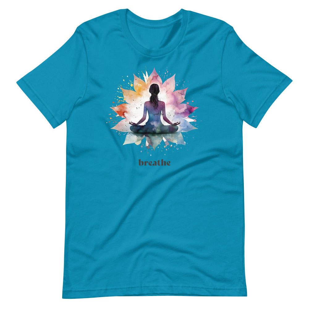 Breathe Yoga Meditation T-Shirt - Flower Mandala - Aqua Color