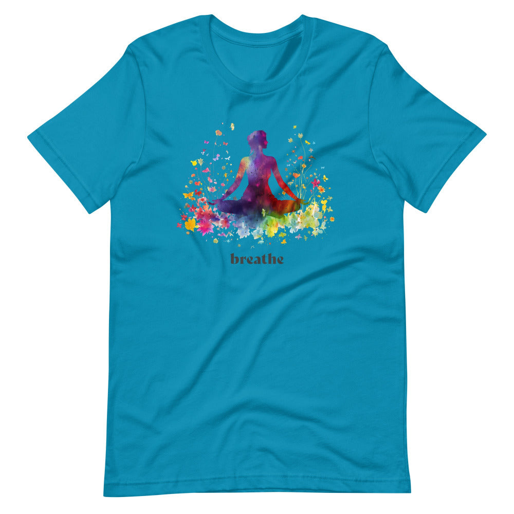 Breathe Yoga Meditation T-Shirt - Rainbow Garden - Aqua Color