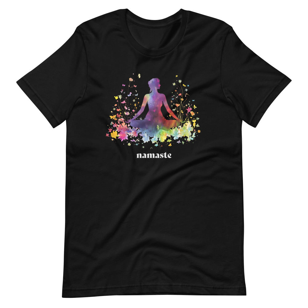 Namaste Yoga Meditation TShirt - Rainbow Garden - Black Color - https://ascensionemporium.net