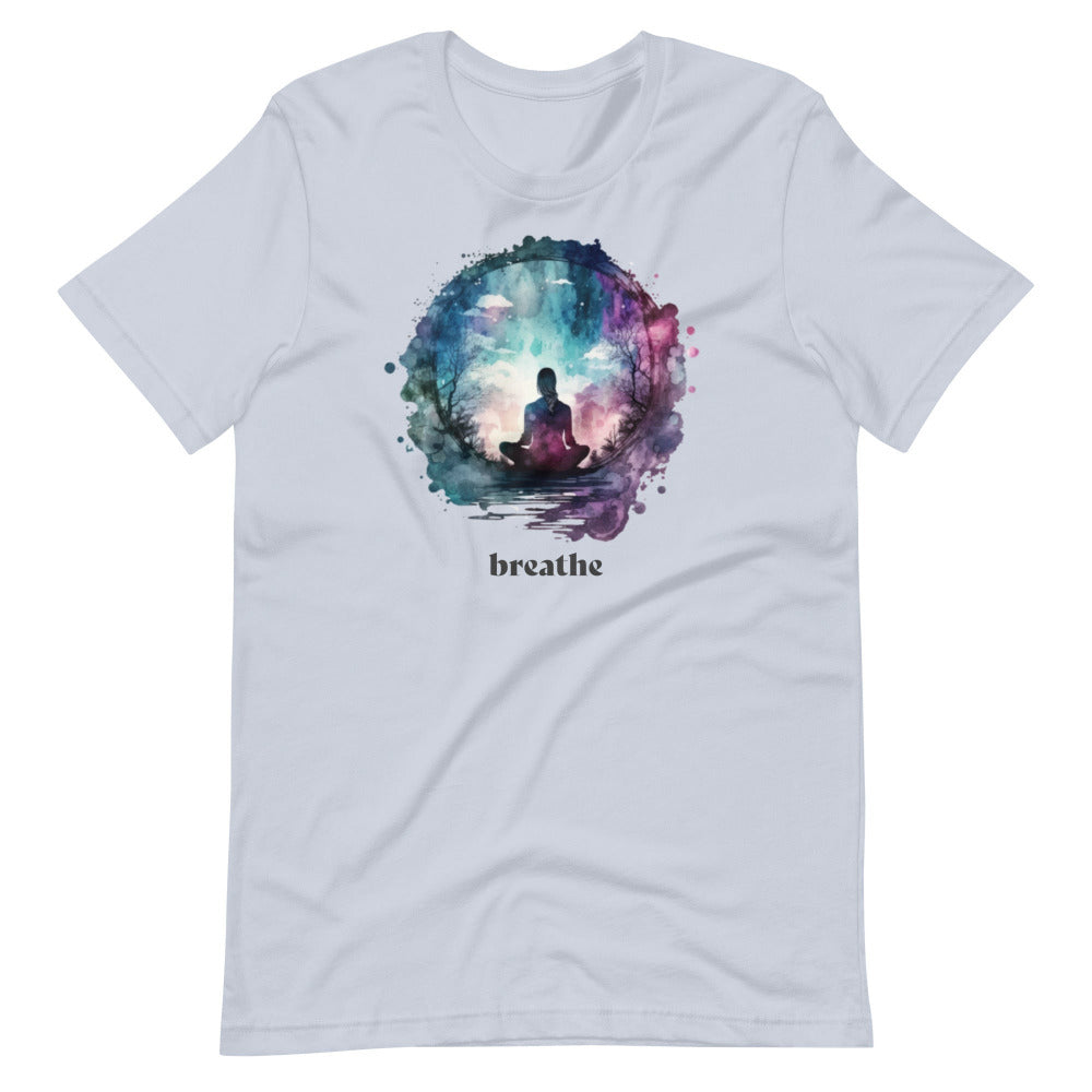 Breathe Yoga Meditation T-Shirt - Watercolor Sphere - Light Blue Color