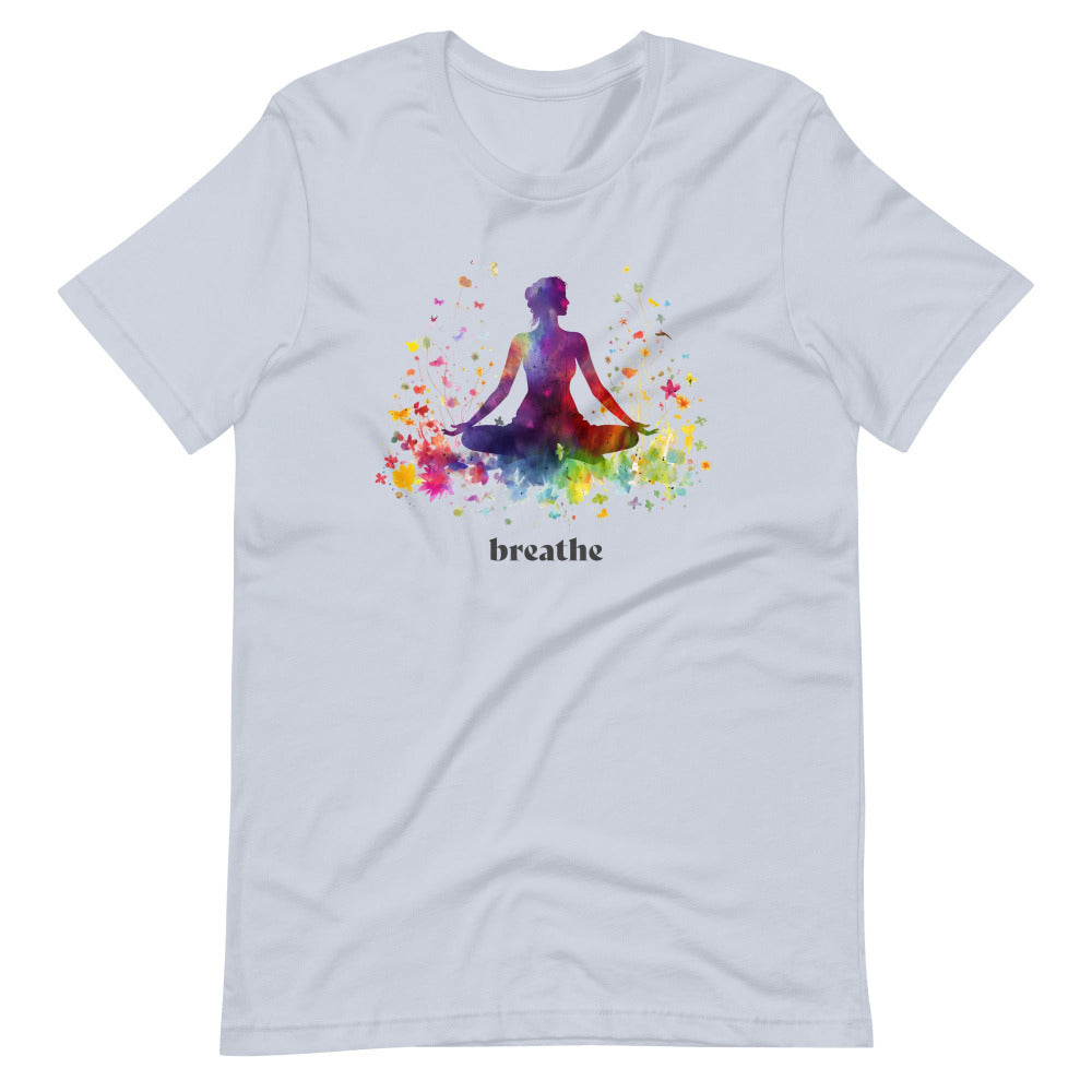 Breathe Yoga Meditation T-Shirt - Rainbow Garden - Light Blue Color