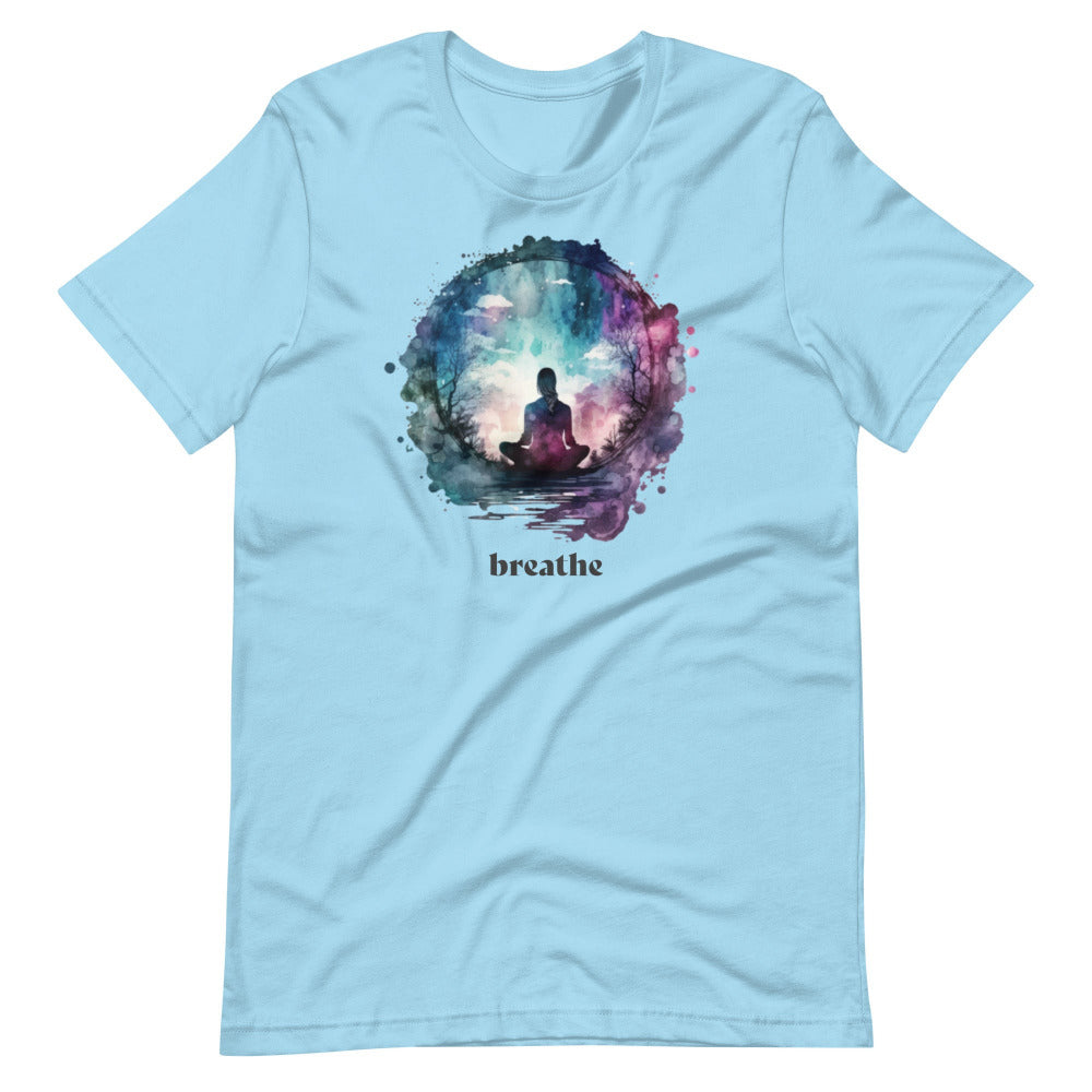 Breathe Yoga Meditation T-Shirt - Watercolor Sphere - Ocean Blue Color
