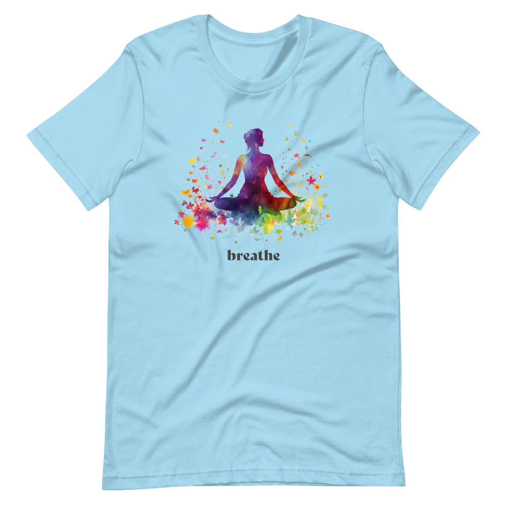 Breathe Yoga Meditation T-Shirt - Rainbow Garden - Ocean Blue Color