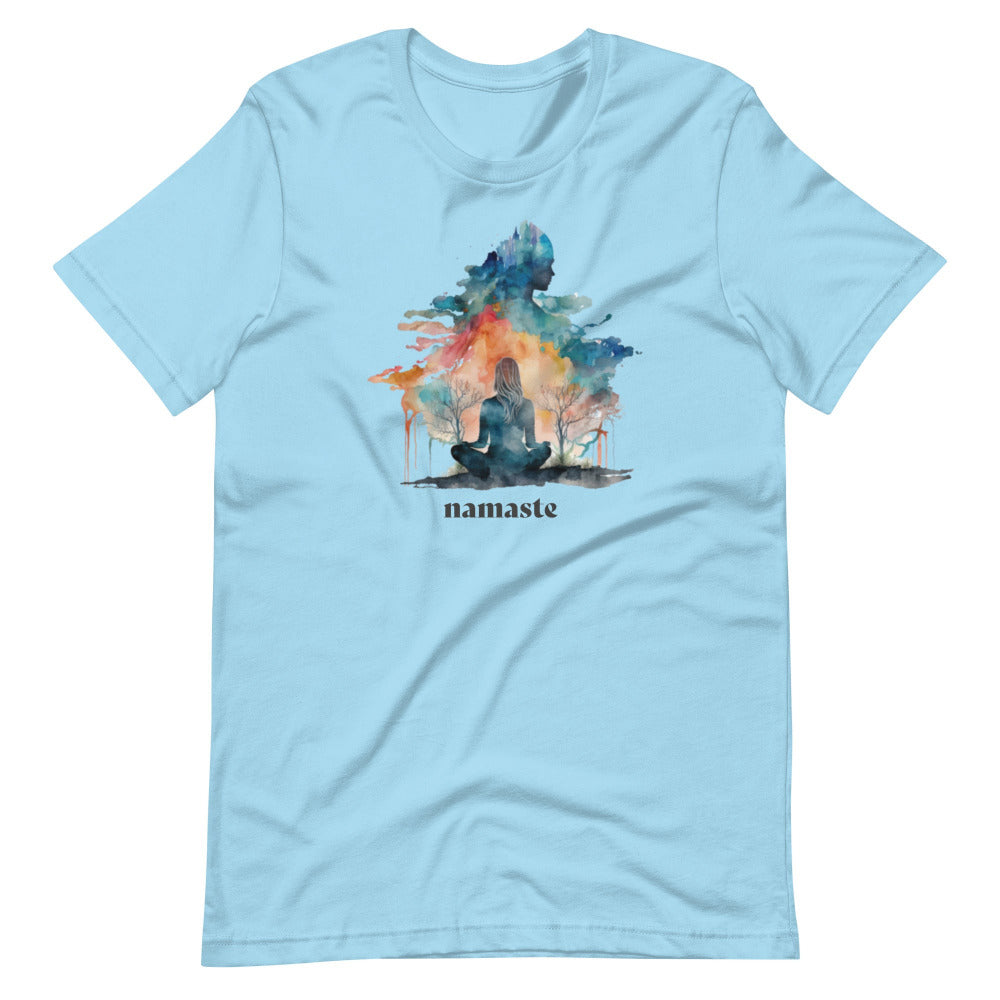 Namaste Yoga Meditation TShirt - Watercolor Clouds - Ocean Blue Color