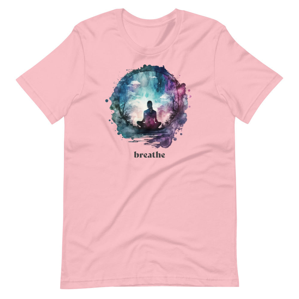 Breathe Yoga Meditation T-Shirt - Watercolor Sphere - Pink Color
