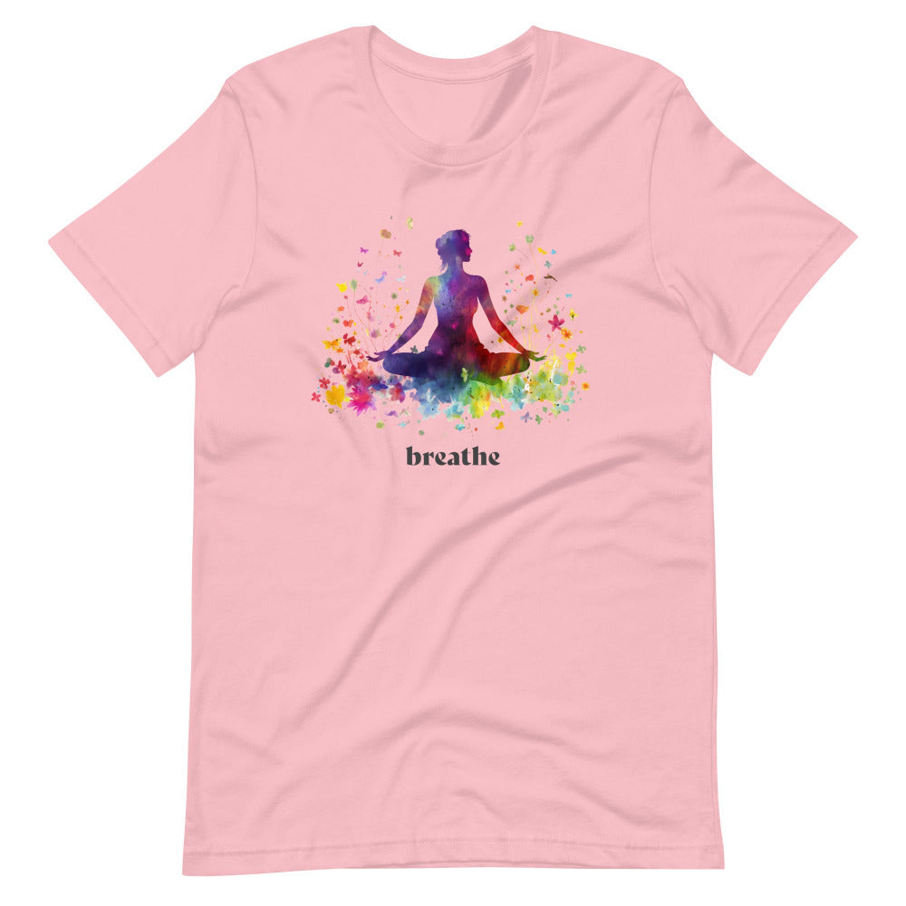 Breathe Yoga Meditation T-Shirt - Rainbow Garden - Pink Color