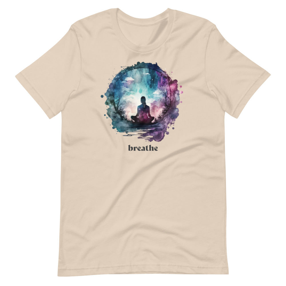 Breathe Yoga Meditation T-Shirt - Watercolor Sphere - Soft Cream Color