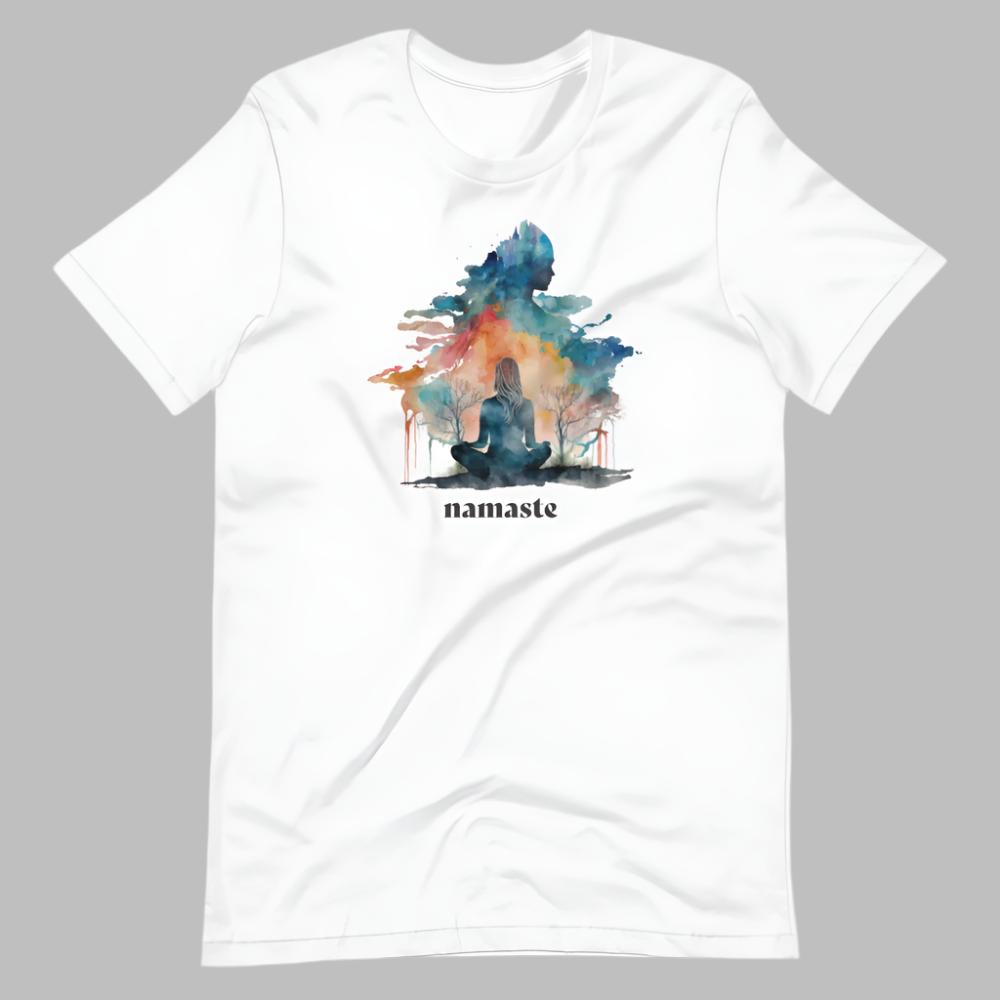 Namaste Yoga Meditation TShirt - Watercolor Clouds - White Color