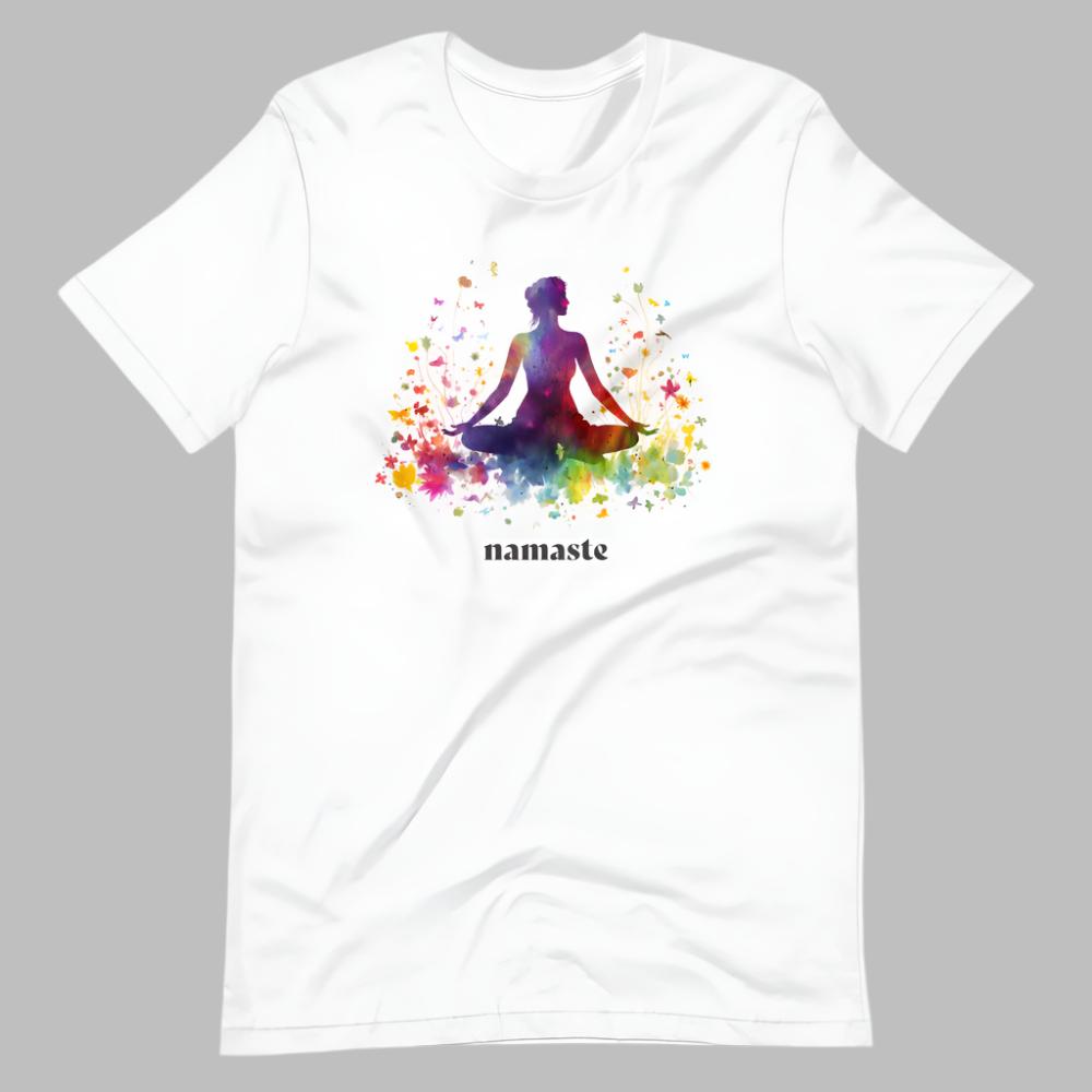 Namaste Yoga Meditation TShirt - Rainbow Garden - White Color