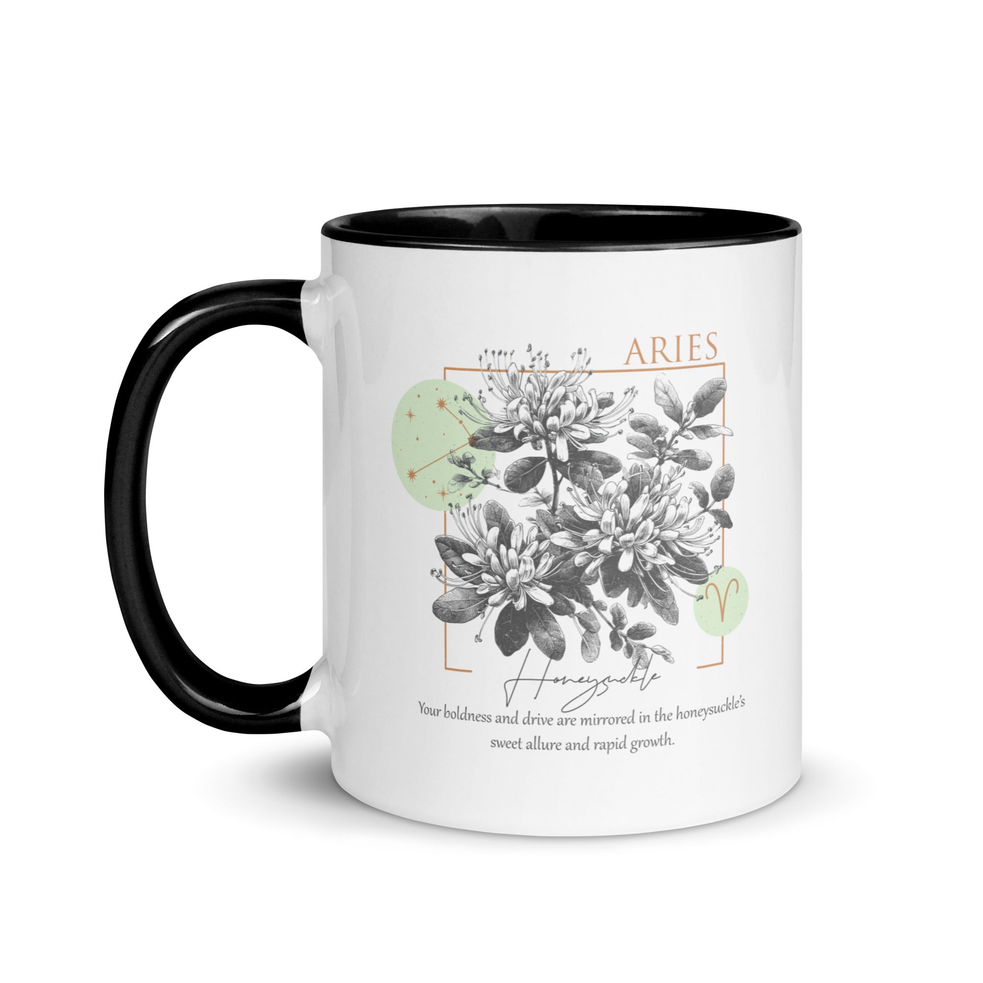 Aries Zodiac Honeysuckle Birth Flower 11 oz Mug with Black Handle - https://ascensionemporium.net 