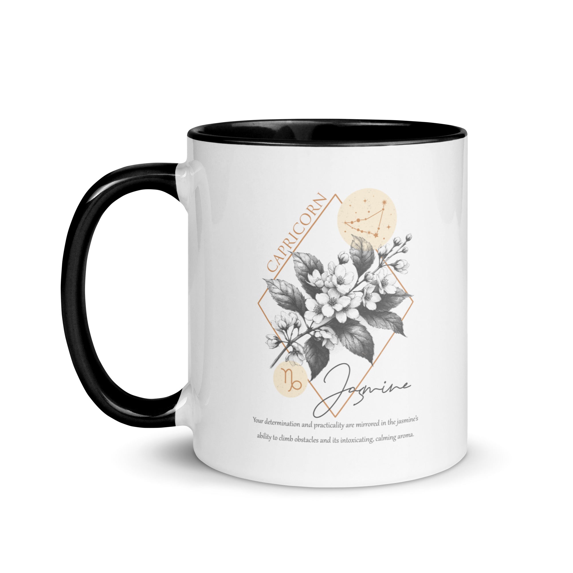 Capricorn Zodiac Jasmine Birth Flower 11 oz Mug with Black Handle - https://ascensionemporium.net 