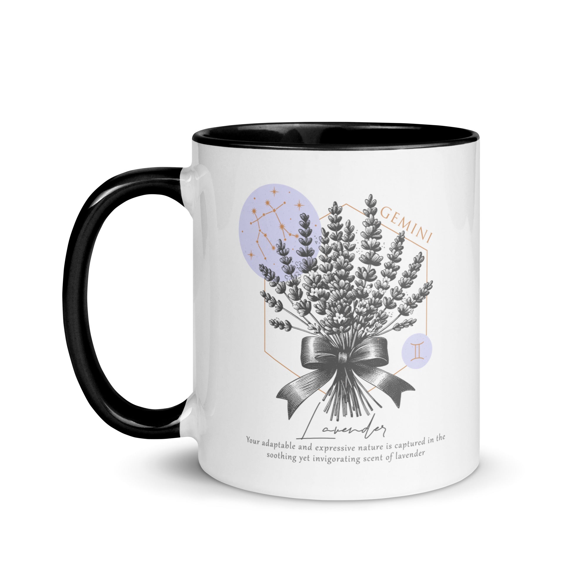 Gemini Zodiac Lavender Birth Flower 11 oz Mug with Black Handle - https://ascensionemporium.net 