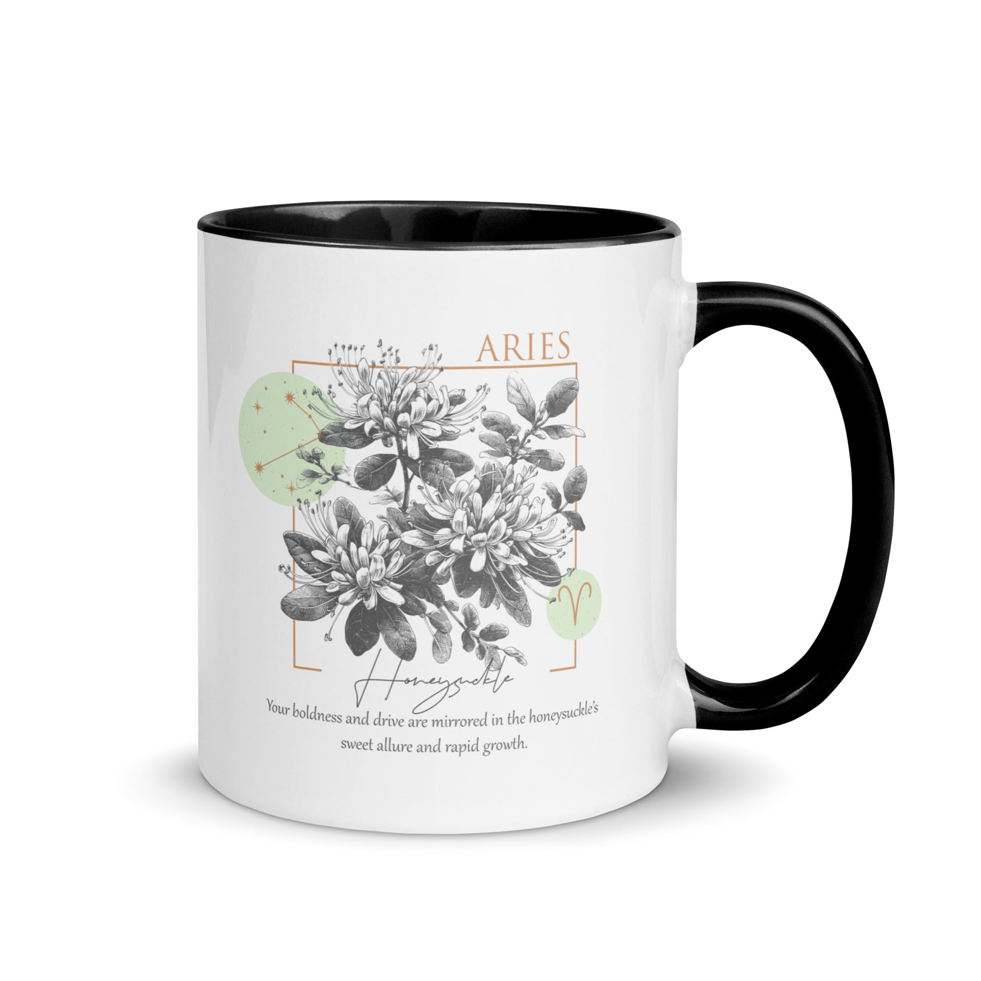 Aries Zodiac Honeysuckle Birth Flower 11 oz Mug with Black Handle - https://ascensionemporium.net 