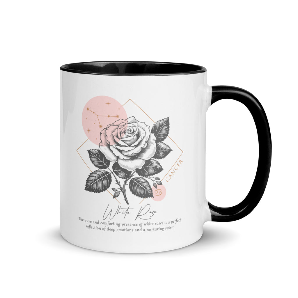 Cancer Zodiac White Rose Birth Flower 11 oz Mug with Black Handle - https://ascensionemporium.net 