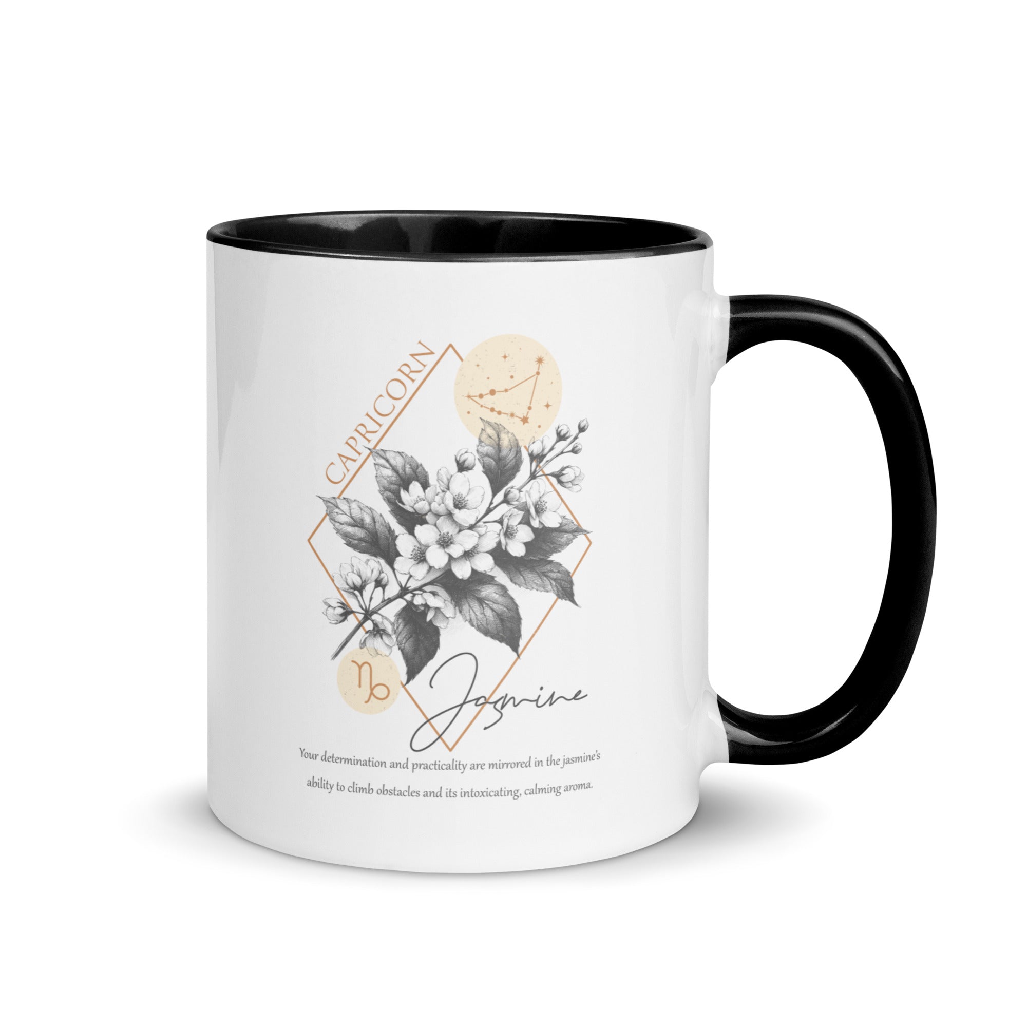 Capricorn Zodiac Jasmine Birth Flower 11 oz Mug with Black Handle - https://ascensionemporium.net 