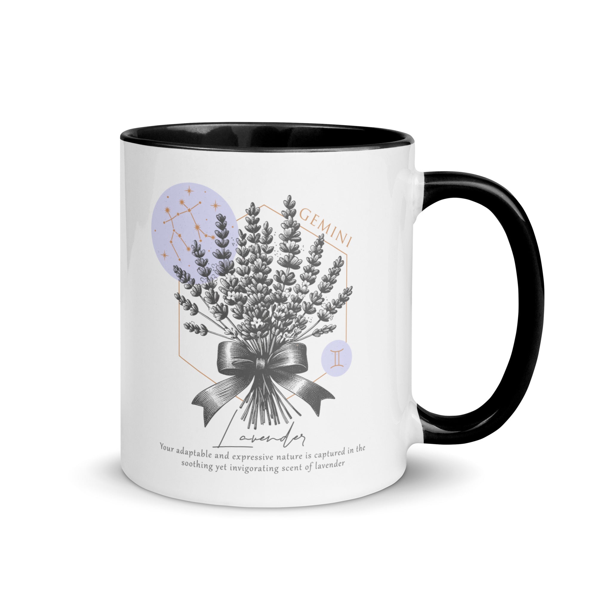 Gemini Zodiac Lavender Birth Flower 11 oz Mug with Black Handle - https://ascensionemporium.net 