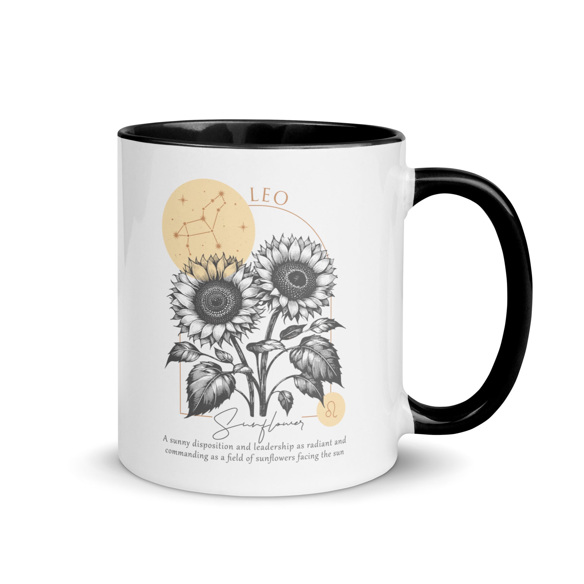 Leo Zodiac Sunflower Birth Flower 11 oz Mug with Black Handle - https://ascensionemporium.net 