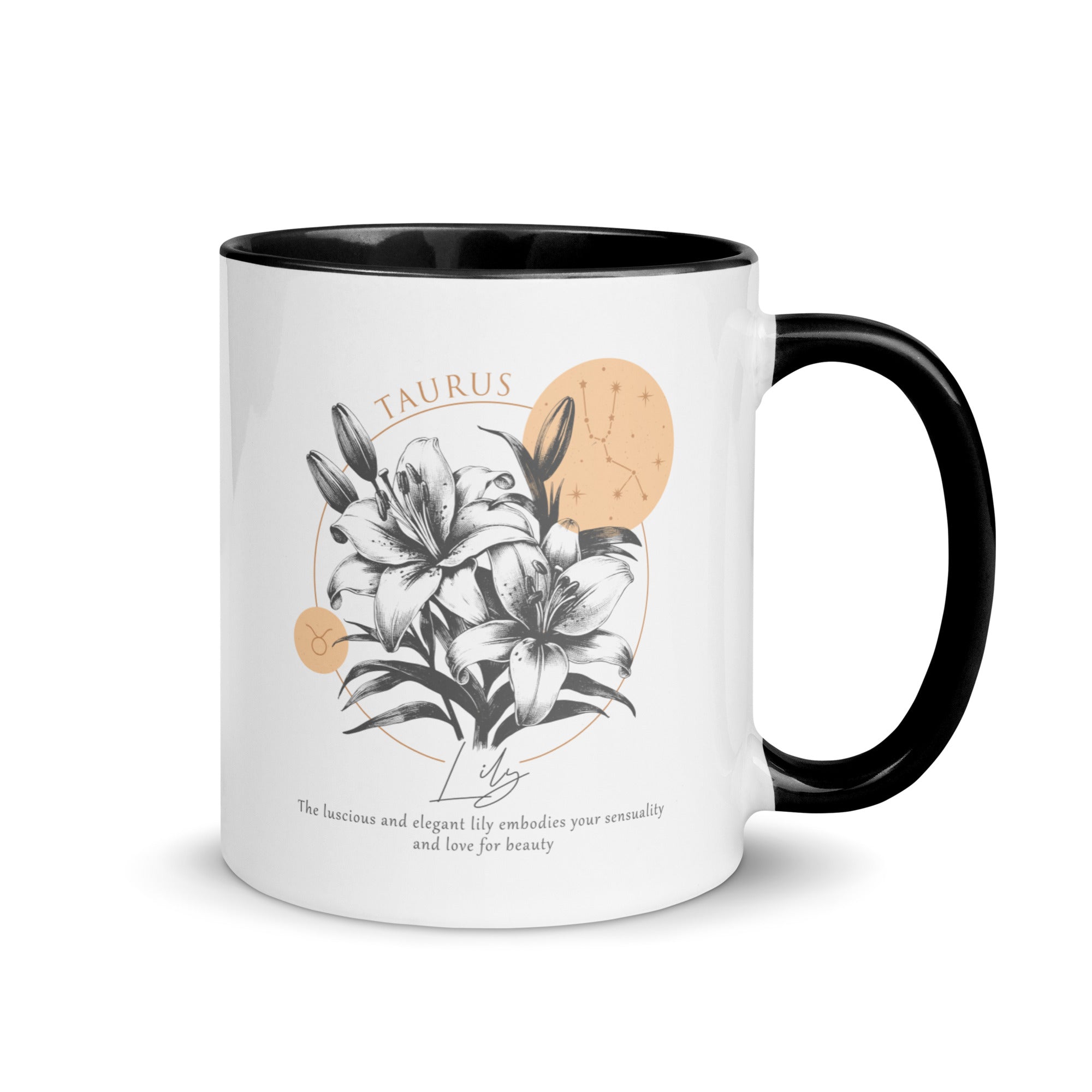 Taurus Zodiac Lily Birth Flower 11 oz Mug with Black Handle - https://ascensionemporium.net 