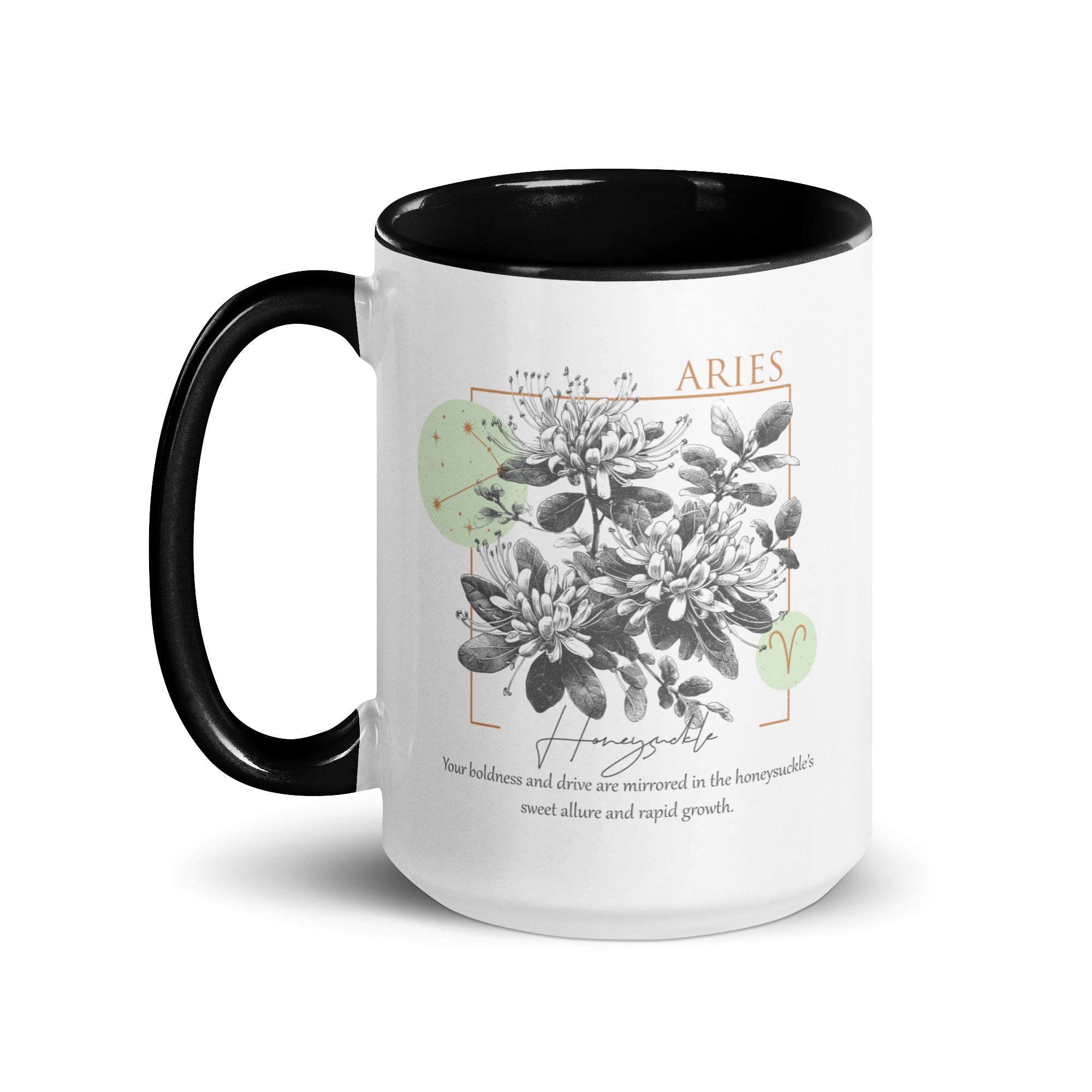 Aries Zodiac Honeysuckle Birth Flower 15 oz Mug with Black Handle - https://ascensionemporium.net 
