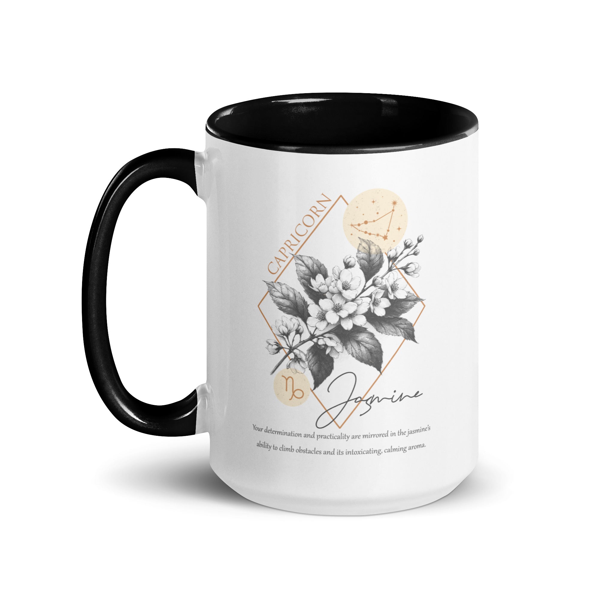 Capricorn Zodiac Jasmine Birth Flower 15 oz Mug with Black Handle - https://ascensionemporium.net 