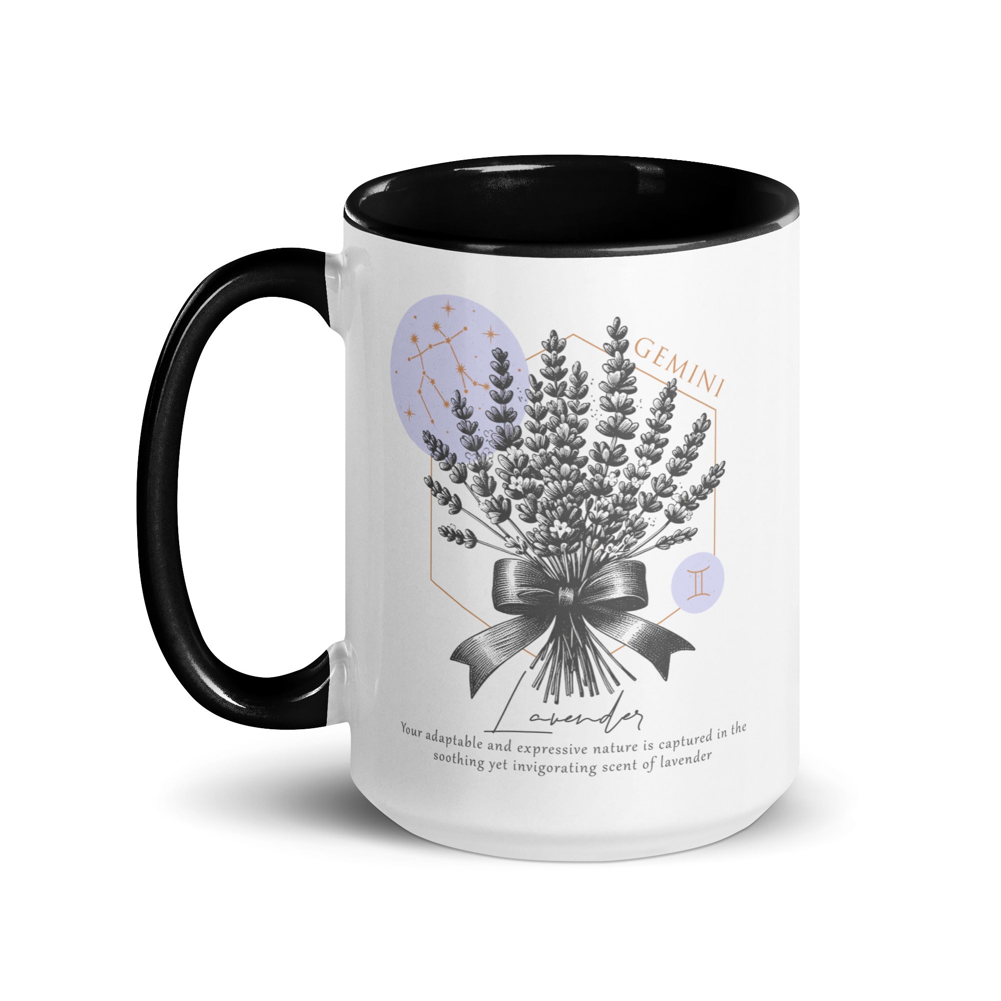Gemini Zodiac Lavender Birth Flower 15 oz Mug with Black Handle - https://ascensionemporium.net 