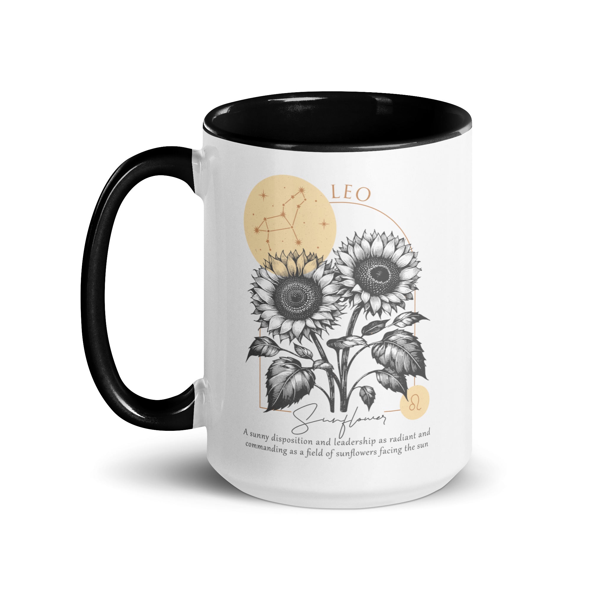 Leo Zodiac Sunflower Birth Flower 15 oz Mug with Black Handle - https://ascensionemporium.net 