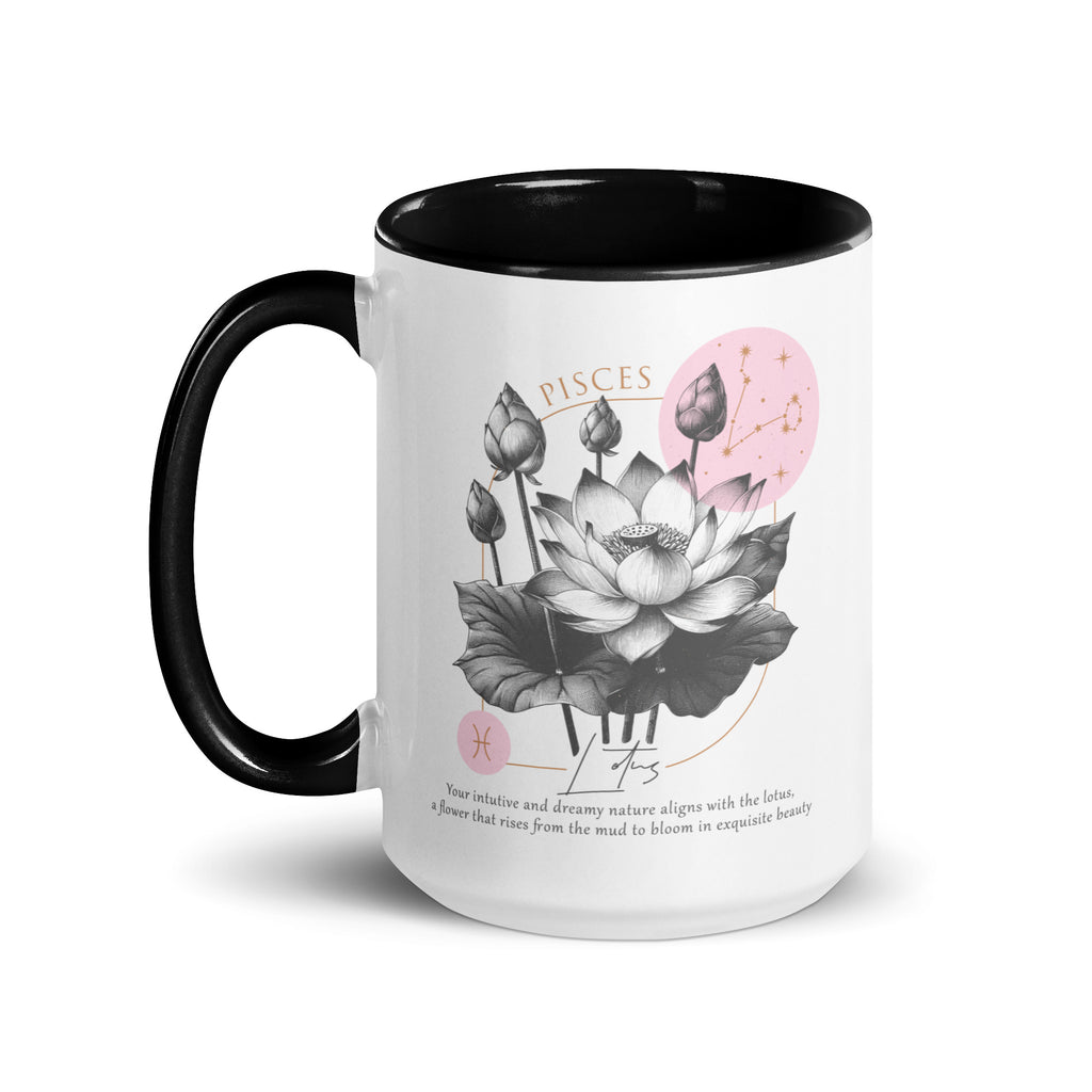 Pisces Zodiac Lotus Birth Flower 15 oz Mug with Black Handle - https://ascensionemporium.net 