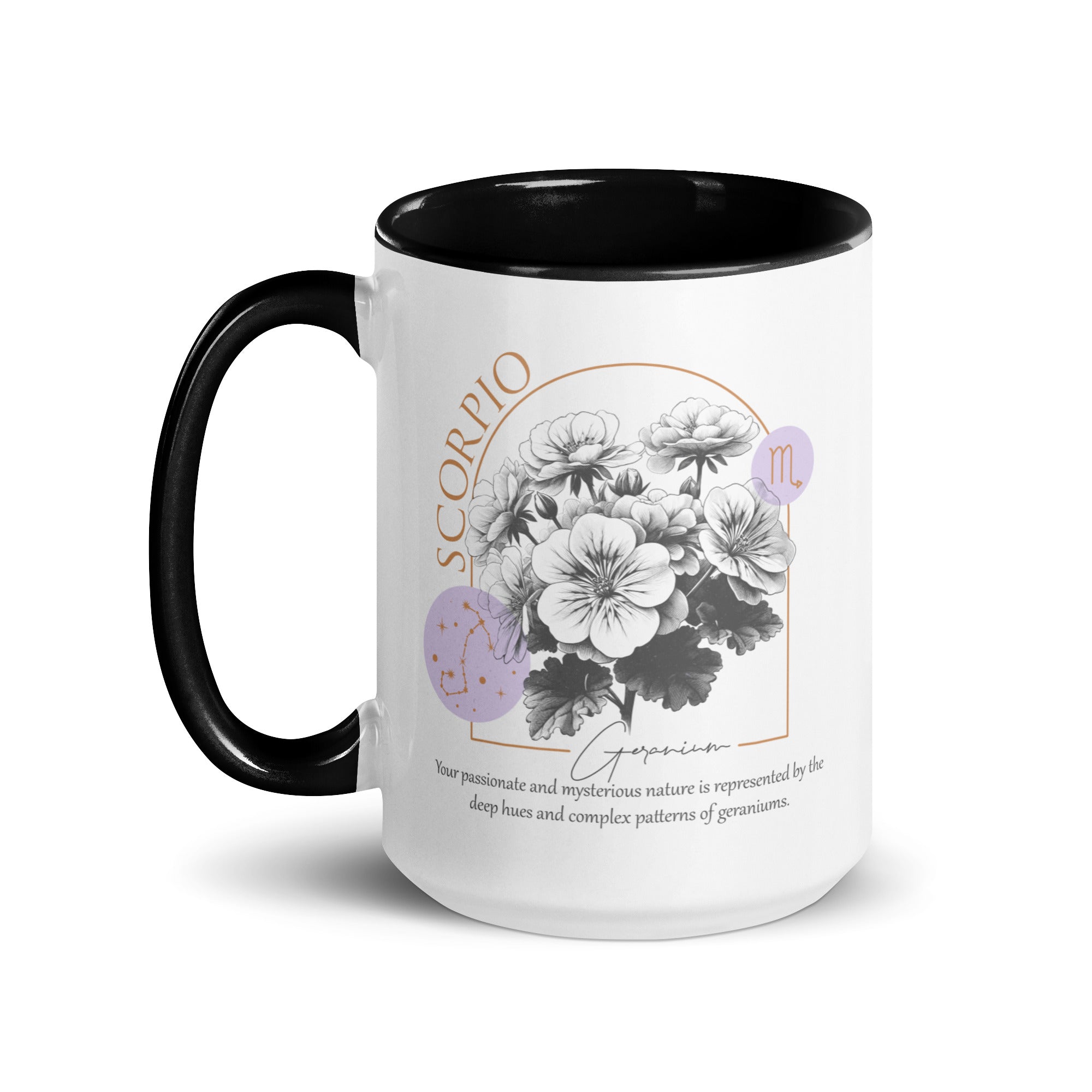 Scorpio Zodiac Geranium Birth Flower 15 oz Mug with Black Handle - https://ascensionemporium.net 