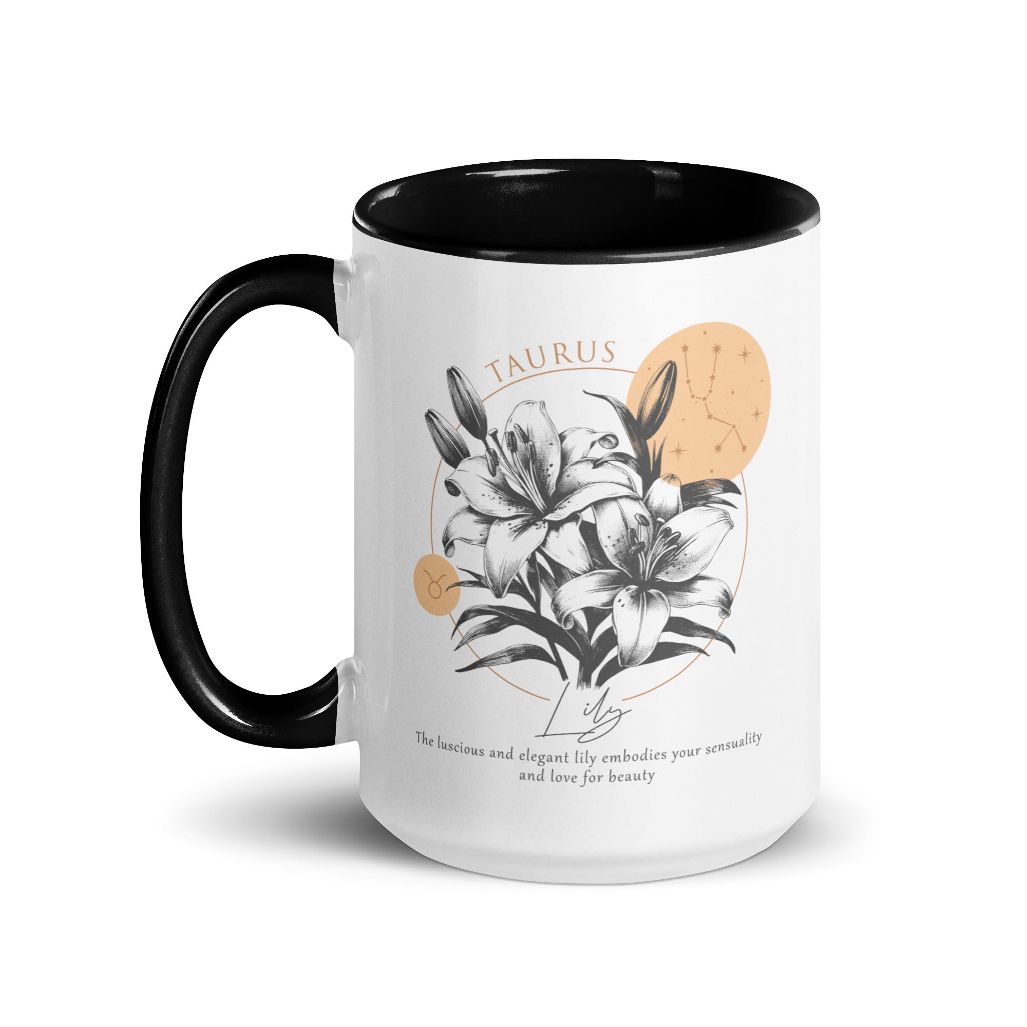 Taurus Zodiac Lily Birth Flower 15 oz Mug with Black Handle - https://ascensionemporium.net 