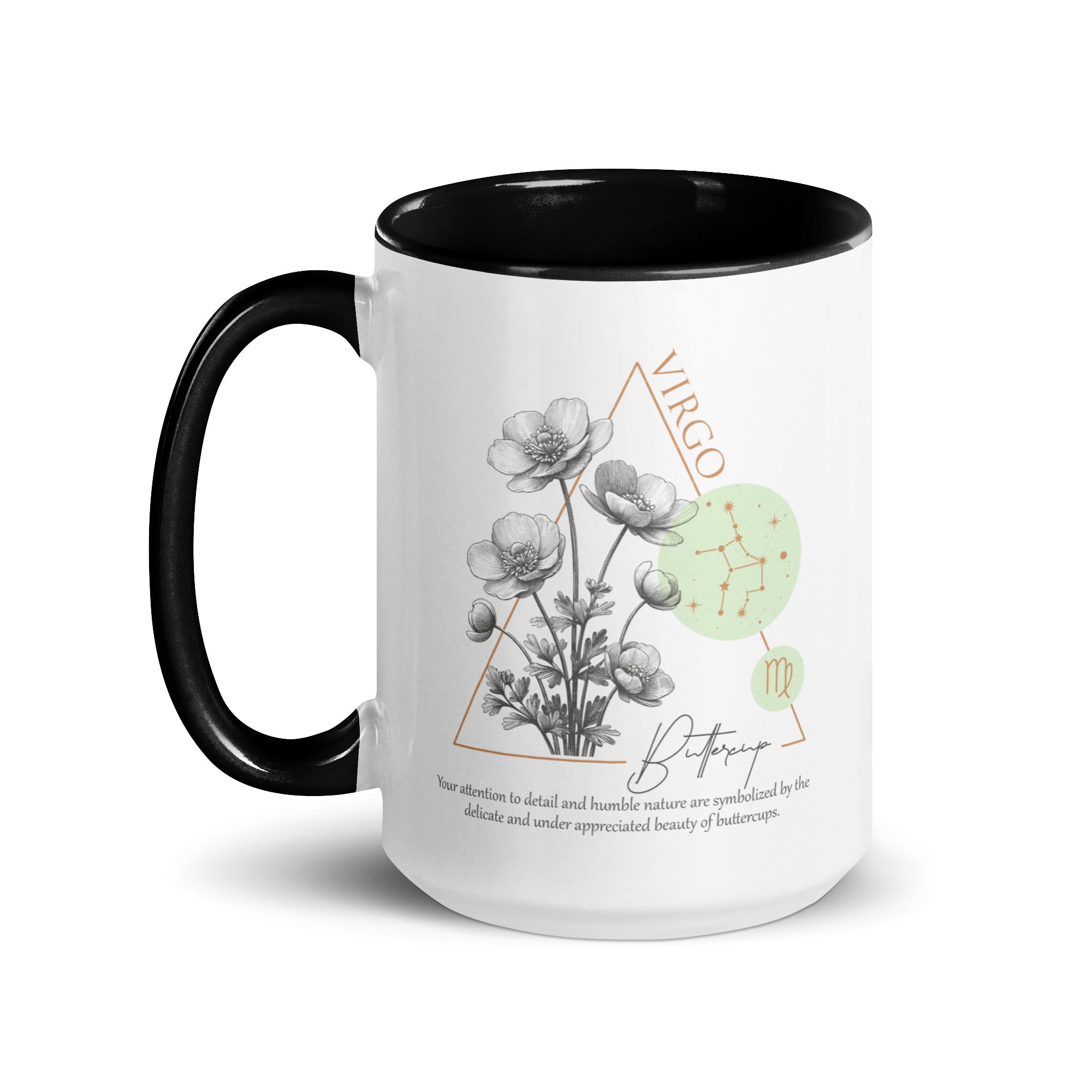 Virgo Zodiac Buttercup Birth Flower 15 oz Mug with Black Handle - https://ascensionemporium.net 