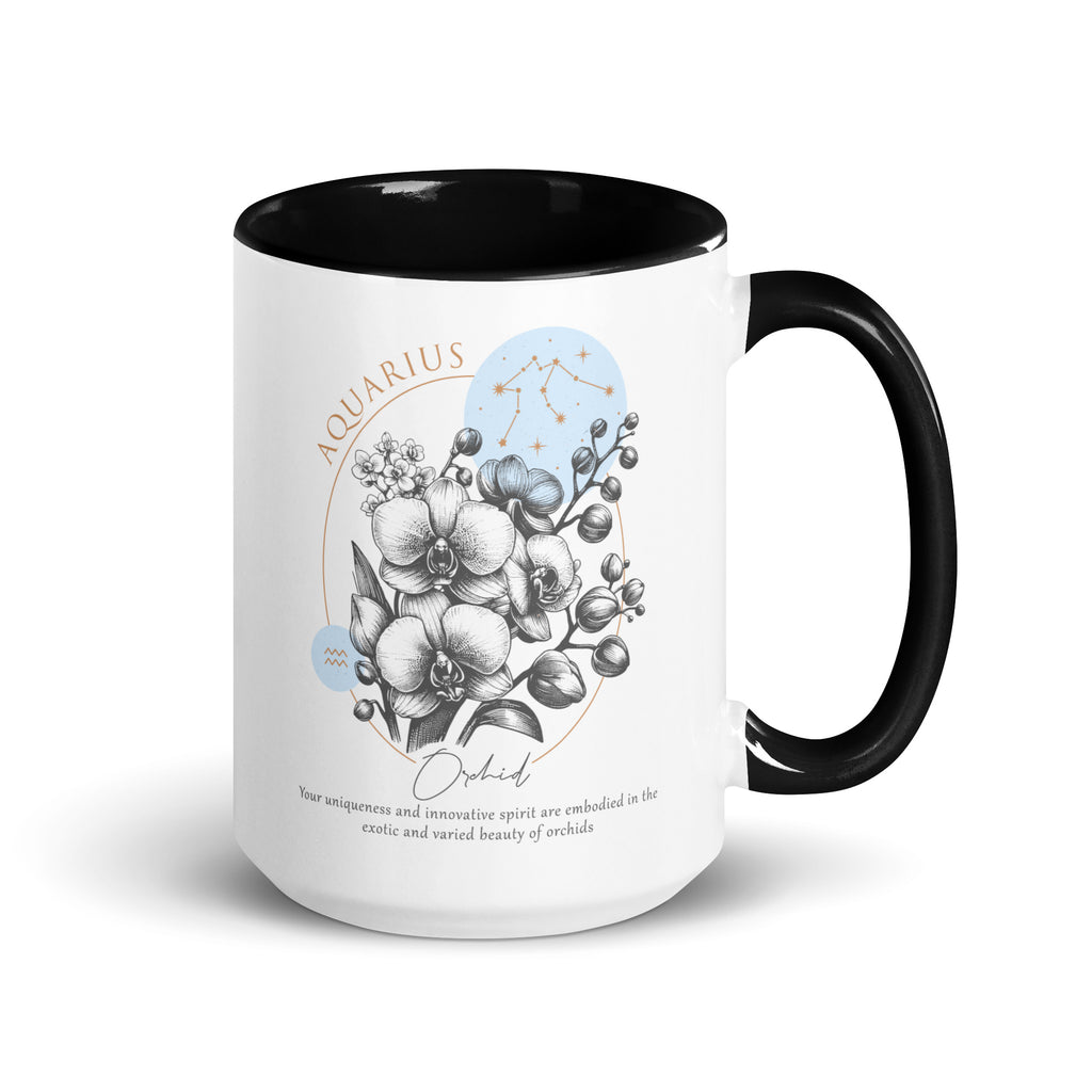 Aquarius Zodiac Orchid Birth Flower 15 oz Mug with Black Handle - https://ascensionemporium.net 