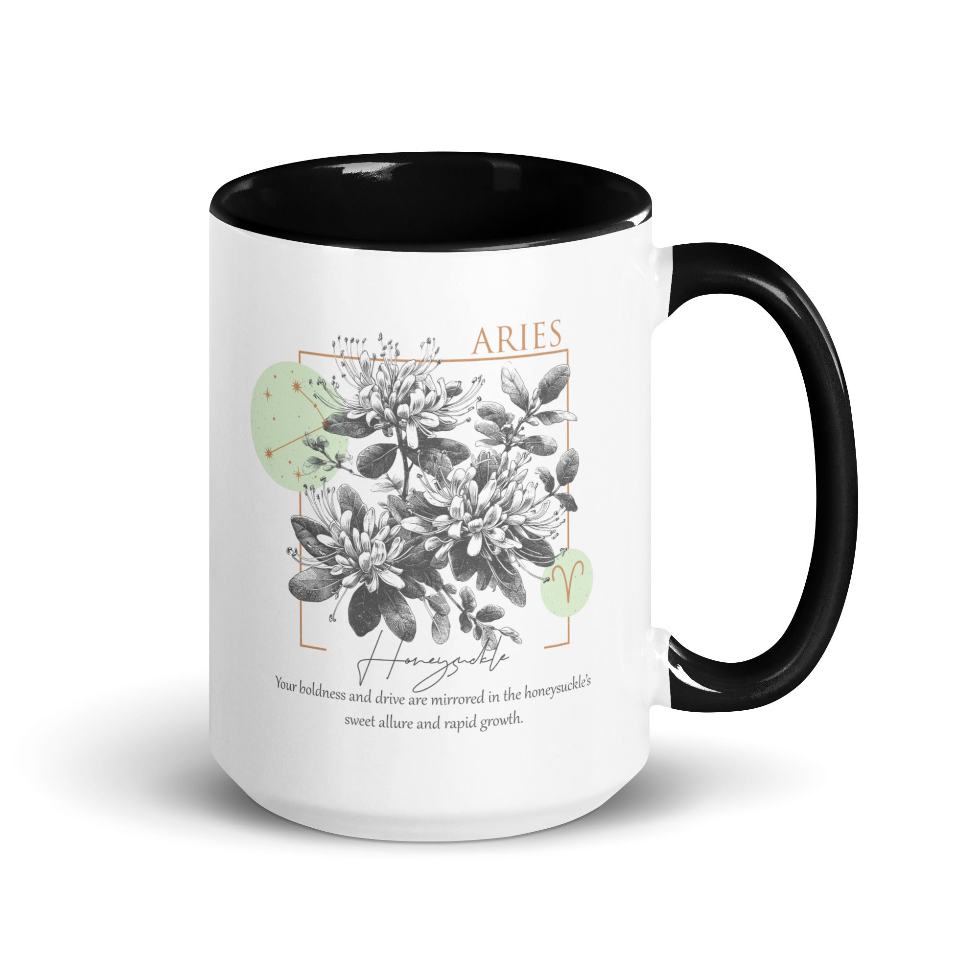 Aries Zodiac Honeysuckle Birth Flower 15 oz Mug with Black Handle - https://ascensionemporium.net 